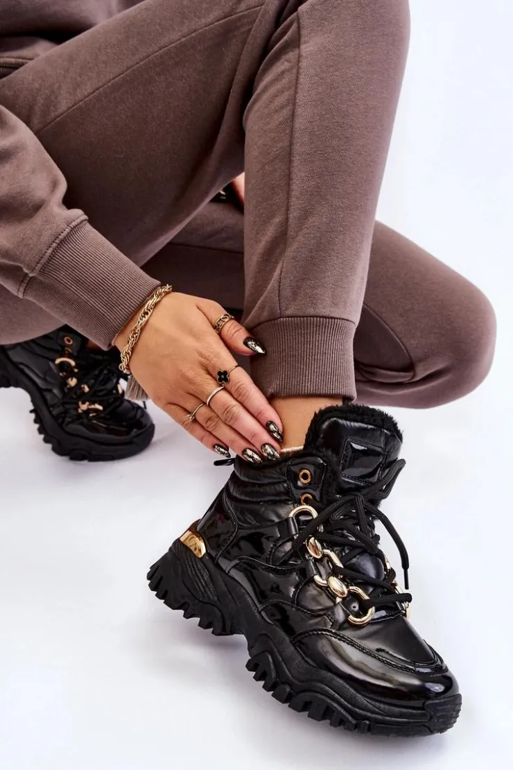 Sale Boto Damskie Ocieplane Buty Sportowe Trapery Sznurowane Czarne Bastini