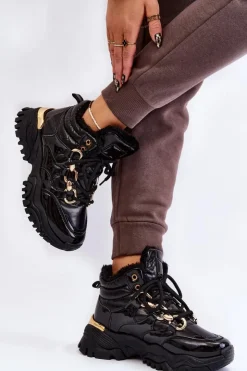 Sale Boto Damskie Ocieplane Buty Sportowe Trapery Sznurowane Czarne Bastini