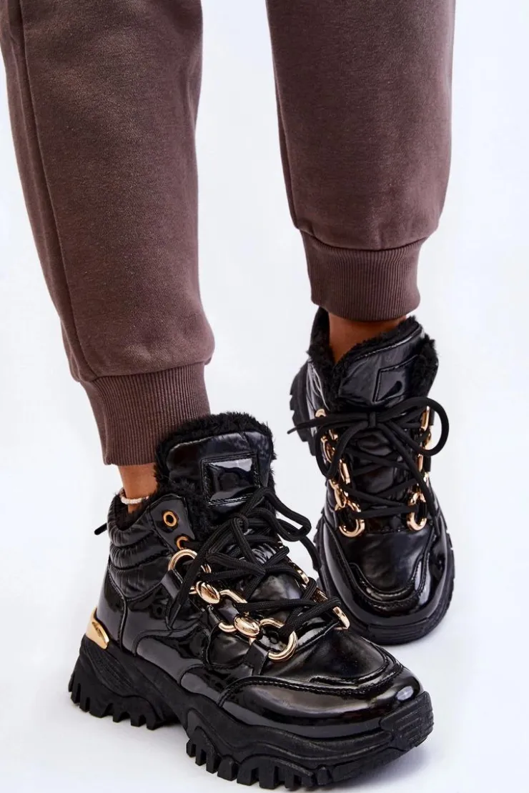 Sale Boto Damskie Ocieplane Buty Sportowe Trapery Sznurowane Czarne Bastini