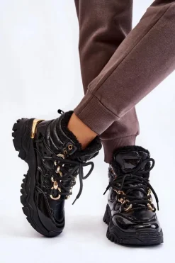 Sale Boto Damskie Ocieplane Buty Sportowe Trapery Sznurowane Czarne Bastini