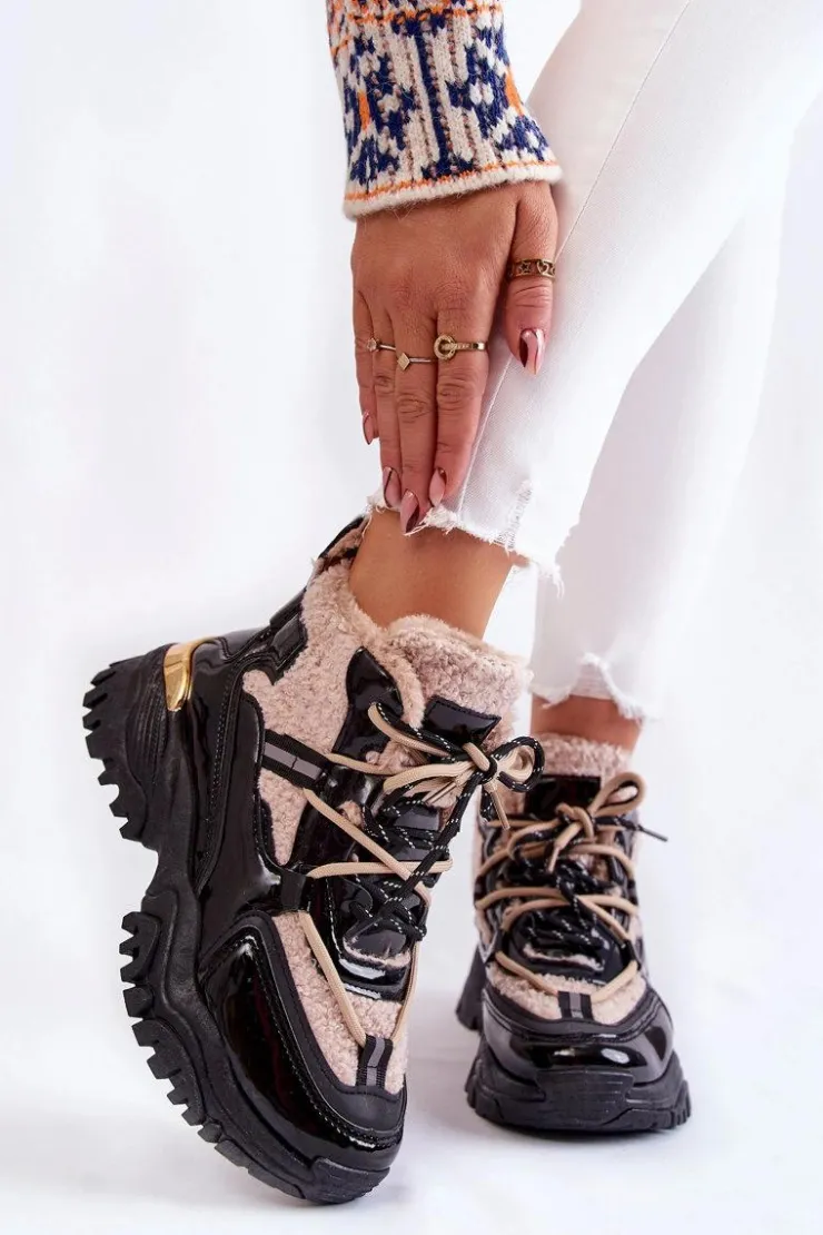 Boto Sneakersy Damskie|Damskie Trapery*Damskie Ocieplane Buty Sportowe Trapery Czarno-Beżowe Edora