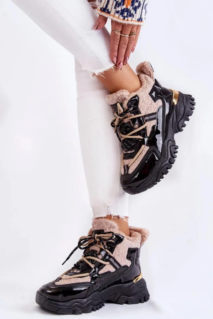 Boto Sneakersy Damskie|Damskie Trapery*Damskie Ocieplane Buty Sportowe Trapery Czarno-Beżowe Edora