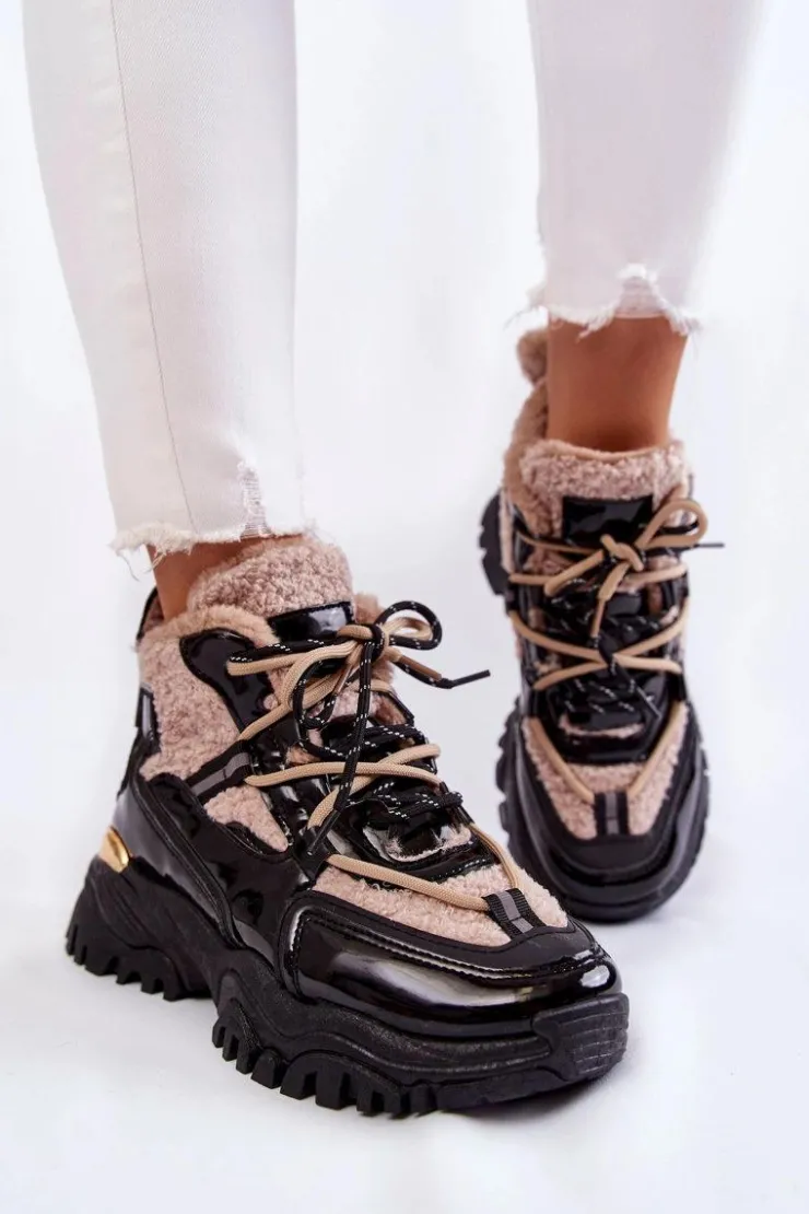 Boto Sneakersy Damskie|Damskie Trapery*Damskie Ocieplane Buty Sportowe Trapery Czarno-Beżowe Edora