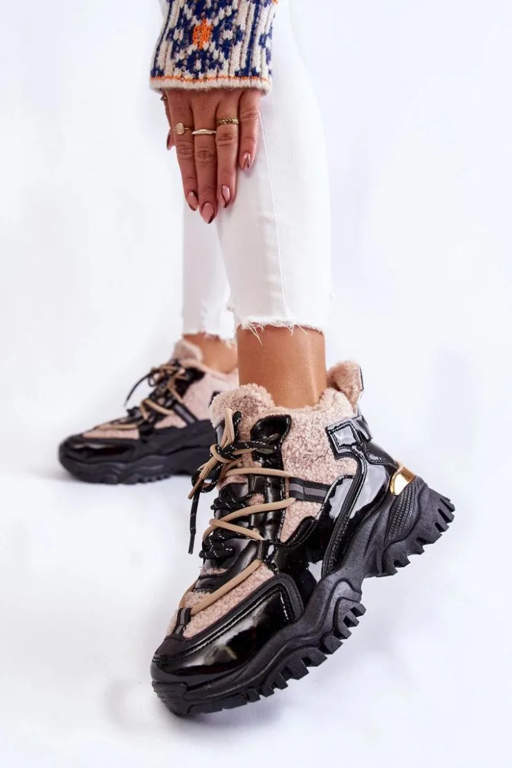 Boto Sneakersy Damskie|Damskie Trapery*Damskie Ocieplane Buty Sportowe Trapery Czarno-Beżowe Edora