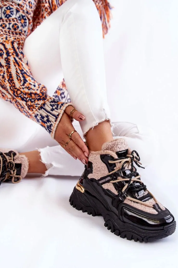 Boto Sneakersy Damskie|Damskie Trapery*Damskie Ocieplane Buty Sportowe Trapery Czarno-Beżowe Edora