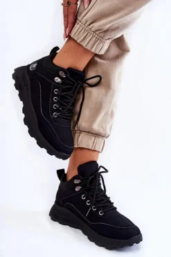 Damskie Boto Damskie Ocieplane Buty Trekkingowe Trapery Czarne Otto