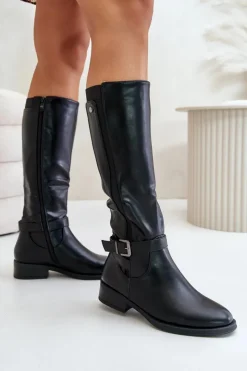 Boto Kozaki Ocieplane|Kozaki Przed Kolano*Damskie Ocieplane Kozaki Na Płaskim Obcasie Ze Złotą Klamrą Czarne Arsisna Czarny