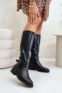 Boto Kozaki Ocieplane|Kozaki Przed Kolano*Damskie Ocieplane Kozaki Na Płaskim Obcasie Ze Złotą Klamrą Czarne Arsisna Czarny