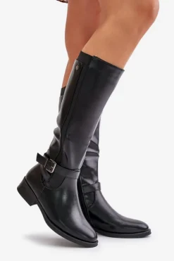 Boto Kozaki Ocieplane|Kozaki Przed Kolano*Damskie Ocieplane Kozaki Na Płaskim Obcasie Ze Złotą Klamrą Czarne Arsisna Czarny