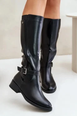 Boto Kozaki Ocieplane|Kozaki Przed Kolano*Damskie Ocieplane Kozaki Na Płaskim Obcasie Ze Złotą Klamrą Czarne Arsisna Czarny