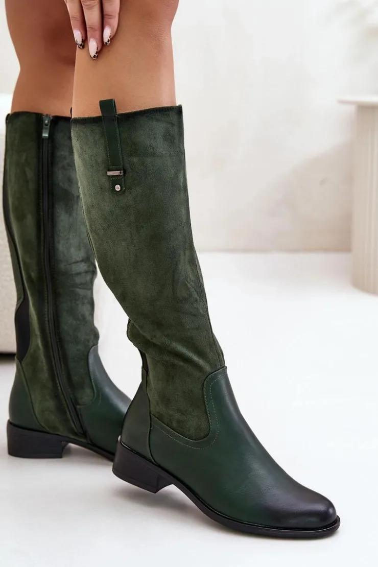 Boto Kozaki Ocieplane|Kozaki Płaskie*Damskie Ocieplane Kozaki Przed Kolano Na Zamek Zielone Ivasira