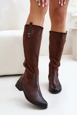Boto Kozaki Płaskie|Kozaki Przed Kolano*Damskie Ocieplane Kozaki Przed Kolano Na Zamek Brązowe Ivasira