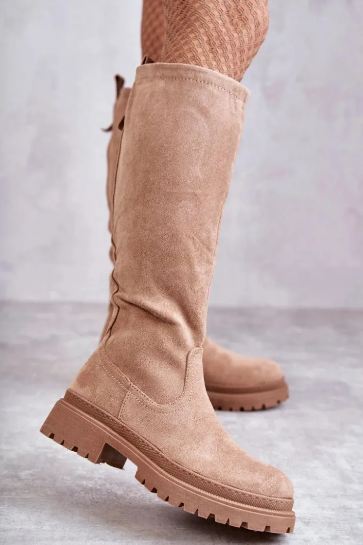 Damskie Evento Damskie Ocieplane Kozaki Do Kolana Beżowe Helma