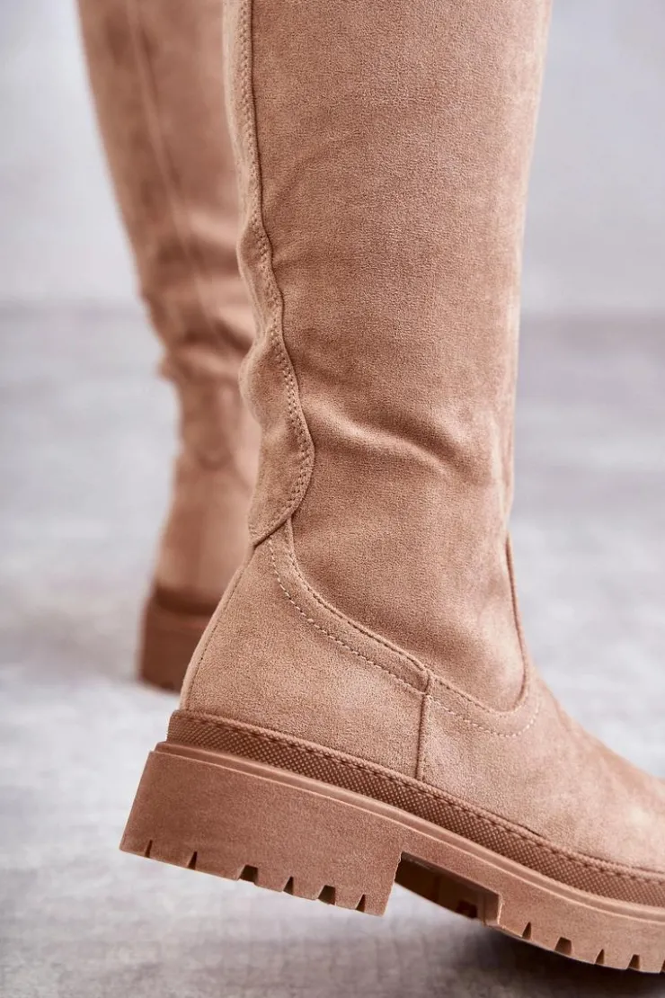 Damskie Evento Damskie Ocieplane Kozaki Do Kolana Beżowe Helma