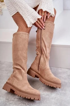 Damskie Evento Damskie Ocieplane Kozaki Do Kolana Beżowe Helma