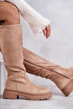 Damskie Evento Damskie Ocieplane Kozaki Do Kolana Beżowe Helma