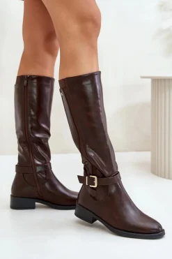 Boto Kozaki Ocieplane|Kozaki Przed Kolano*Damskie Ocieplane Kozaki Na Płaskim Obcasie Ze Złotą Klamrą Brązowe Arsisna