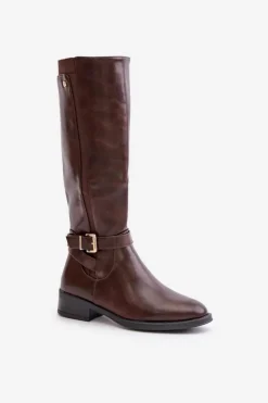 Boto Kozaki Ocieplane|Kozaki Przed Kolano*Damskie Ocieplane Kozaki Na Płaskim Obcasie Ze Złotą Klamrą Brązowe Arsisna