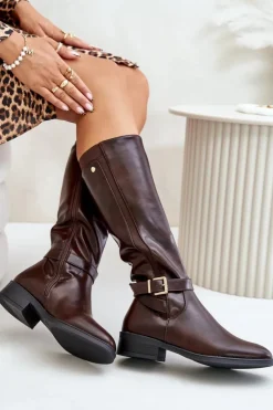 Boto Kozaki Ocieplane|Kozaki Przed Kolano*Damskie Ocieplane Kozaki Na Płaskim Obcasie Ze Złotą Klamrą Brązowe Arsisna