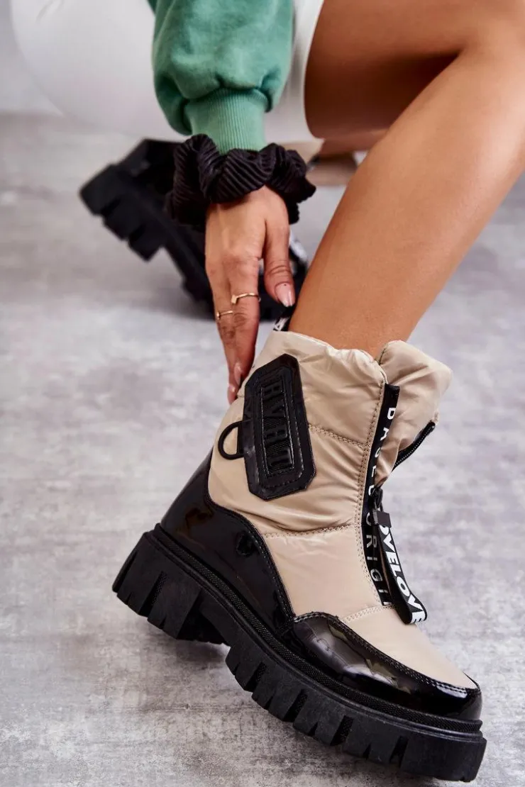 Outlet Boto Damskie Ocieplane Śniegowce Na Suwak Beżowo-Czarne Marit