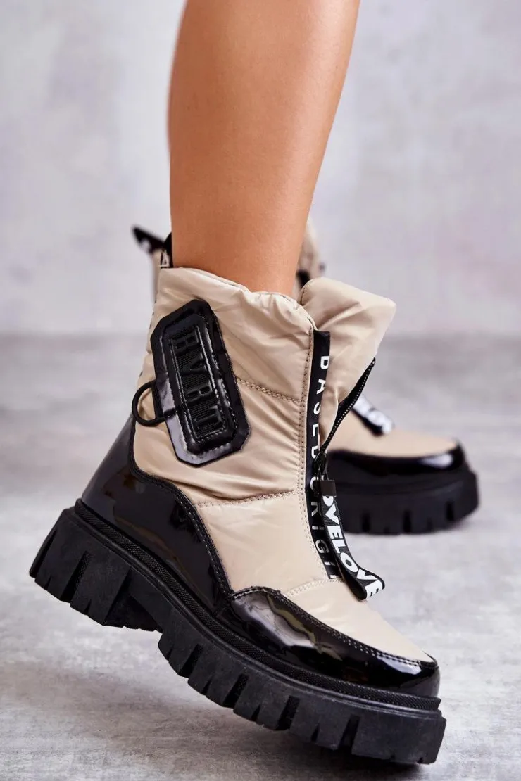 Outlet Boto Damskie Ocieplane Śniegowce Na Suwak Beżowo-Czarne Marit