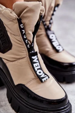 Outlet Boto Damskie Ocieplane Śniegowce Na Suwak Beżowo-Czarne Marit