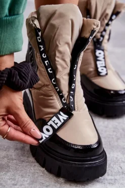 Outlet Boto Damskie Ocieplane Śniegowce Na Suwak Beżowo-Czarne Marit