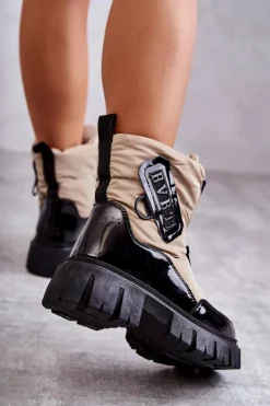 Outlet Boto Damskie Ocieplane Śniegowce Na Suwak Beżowo-Czarne Marit