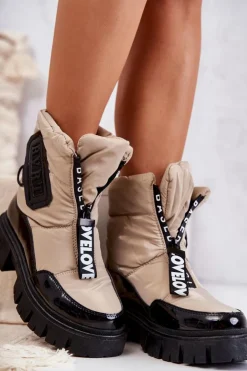 Outlet Boto Damskie Ocieplane Śniegowce Na Suwak Beżowo-Czarne Marit