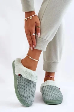 Boto Damskie Ocieplane Papcie Wsuwane Z Futerkiem Zielone Leriss