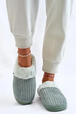 Boto Damskie Ocieplane Papcie Wsuwane Z Futerkiem Zielone Leriss