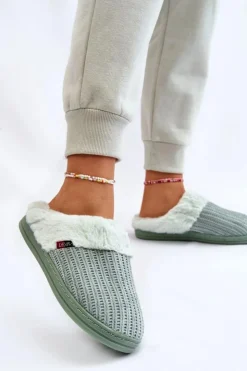 Boto Damskie Ocieplane Papcie Wsuwane Z Futerkiem Zielone Leriss