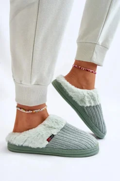 Boto Damskie Ocieplane Papcie Wsuwane Z Futerkiem Zielone Leriss