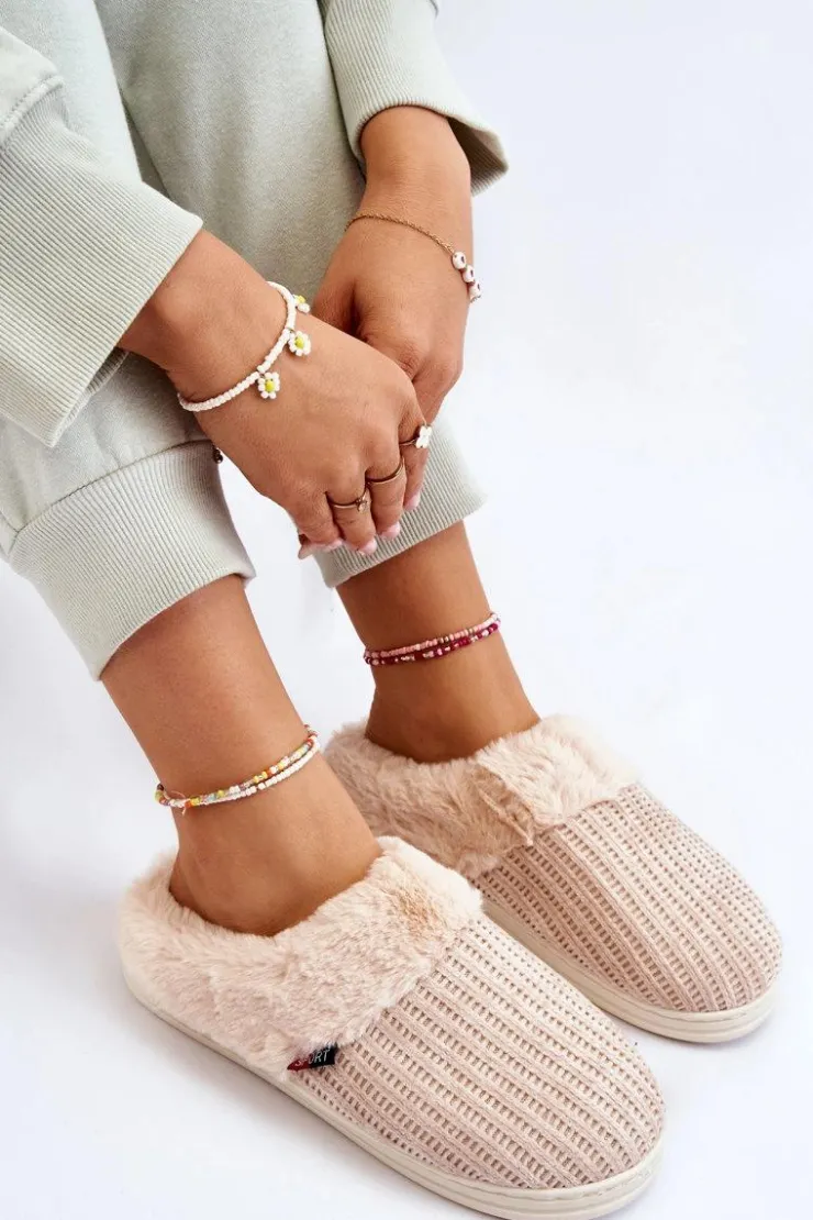 Boto Kapcie Klasyczne*Damskie Ocieplane Papcie Wsuwane Z Futerkiem Beżowe Leriss