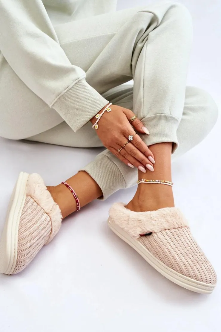 Boto Kapcie Klasyczne*Damskie Ocieplane Papcie Wsuwane Z Futerkiem Beżowe Leriss