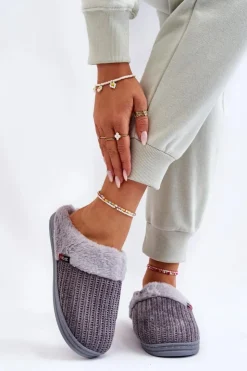 Boto Kapcie Klasyczne*Damskie Ocieplane Papcie Wsuwane Z Futerkiem Szare Leriss