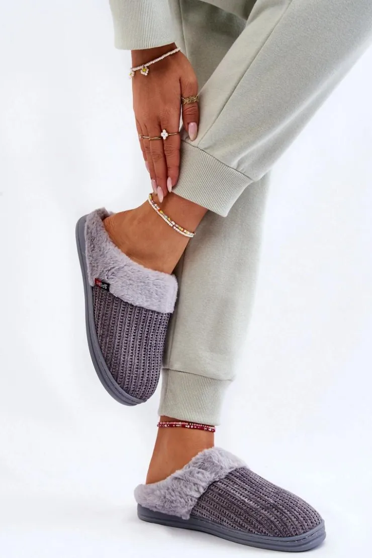 Boto Kapcie Klasyczne*Damskie Ocieplane Papcie Wsuwane Z Futerkiem Szare Leriss