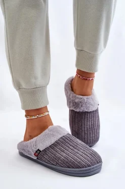 Boto Kapcie Klasyczne*Damskie Ocieplane Papcie Wsuwane Z Futerkiem Szare Leriss
