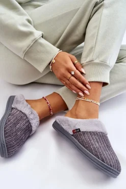 Boto Kapcie Klasyczne*Damskie Ocieplane Papcie Wsuwane Z Futerkiem Szare Leriss