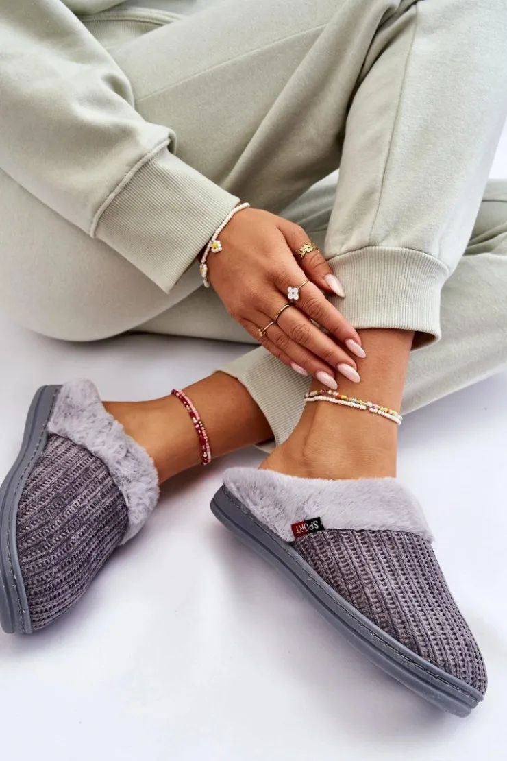 Boto Kapcie Klasyczne*Damskie Ocieplane Papcie Wsuwane Z Futerkiem Szare Leriss