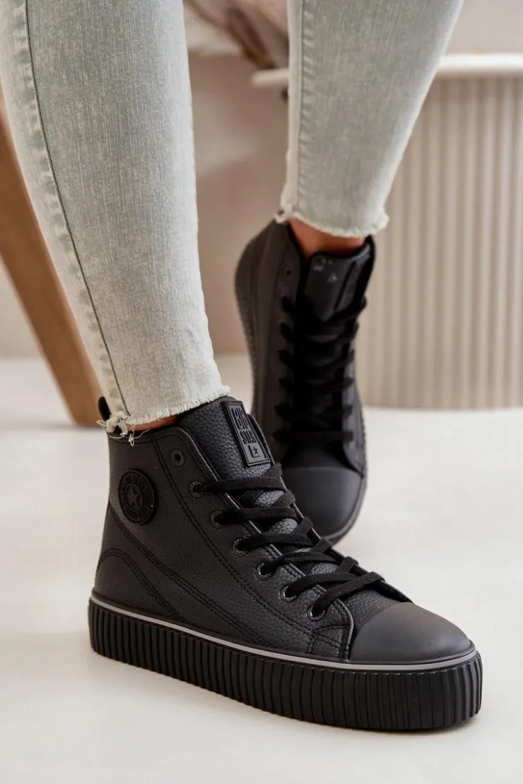 New Big Star Shoes Damskie Ocieplane Trampki Z Eko Skóry Big Star OO274790 Czarne Czarny