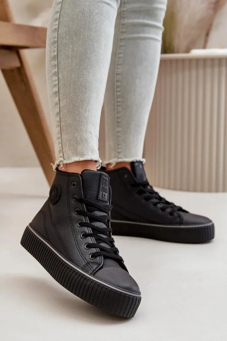 New Big Star Shoes Damskie Ocieplane Trampki Z Eko Skóry Big Star OO274790 Czarne Czarny