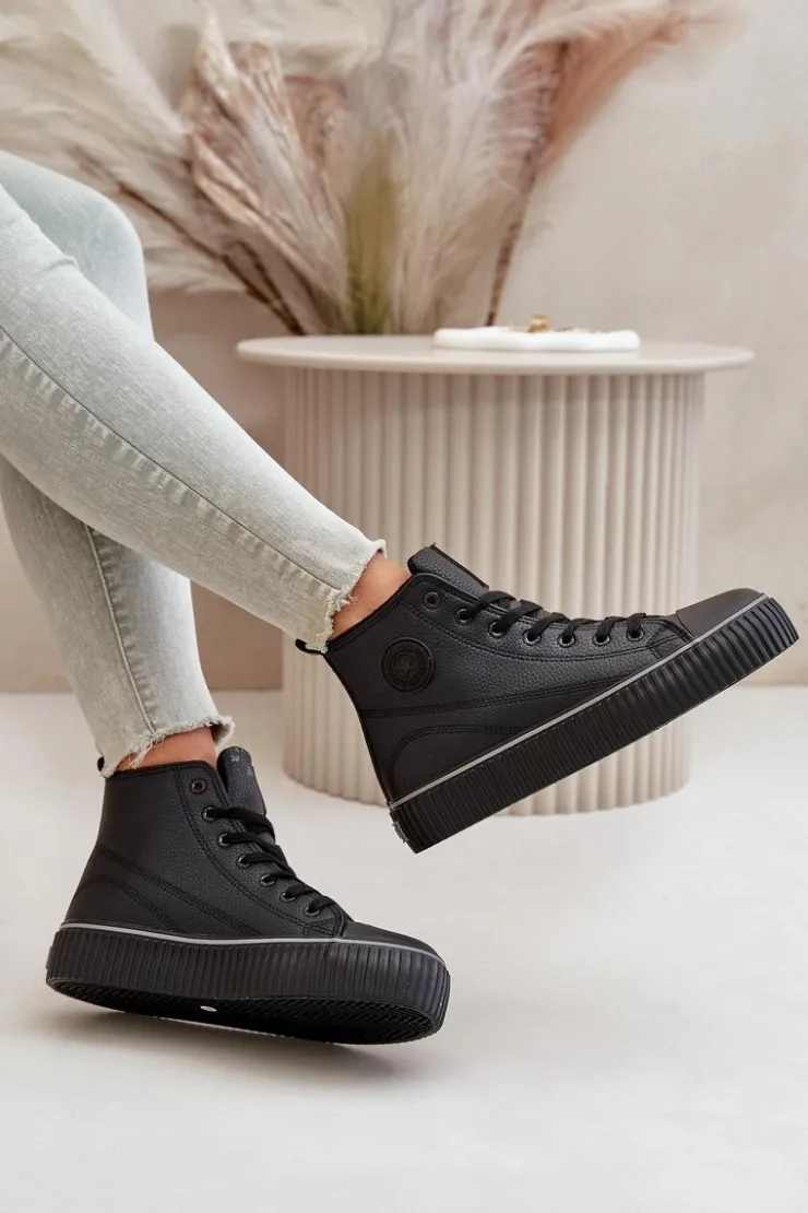 New Big Star Shoes Damskie Ocieplane Trampki Z Eko Skóry Big Star OO274790 Czarne Czarny