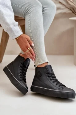 New Big Star Shoes Damskie Ocieplane Trampki Z Eko Skóry Big Star OO274790 Czarne Czarny