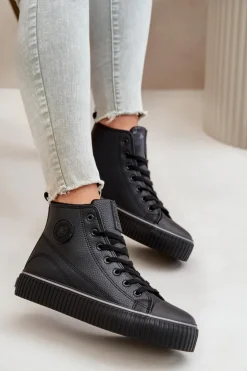 New Big Star Shoes Damskie Ocieplane Trampki Z Eko Skóry Big Star OO274790 Czarne Czarny