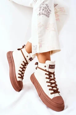 Sale GOE Damskie Ocieplane Trampki Wysokie II2N4034 Białe