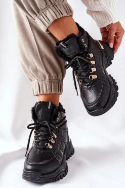 Boto Botki Sznurowane|Czarne Botki*Damskie Ocieplane Trapery Czarne Hareshaw