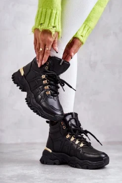 Boto Botki Sznurowane|Czarne Botki*Damskie Ocieplane Trapery Czarne Hareshaw