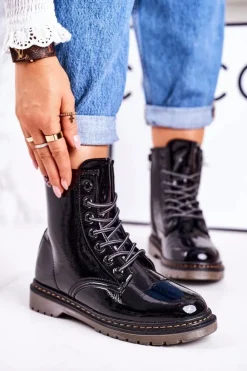 Damskie Boto Damskie Ocieplane Trapery Glany Lakierowane Czarne Thunder