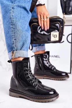 Damskie Boto Damskie Ocieplane Trapery Glany Lakierowane Czarne Thunder